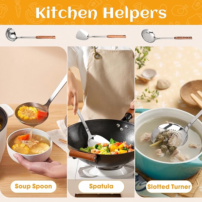 FJNATINH 3Pack Stainless Steel Wok Utensils, Heat-Resistant Wok Spatula and Stainless Steel Ladle Spoon and Kitchen Skimmer for Serving, Turning, Cooking, Soup, Draining