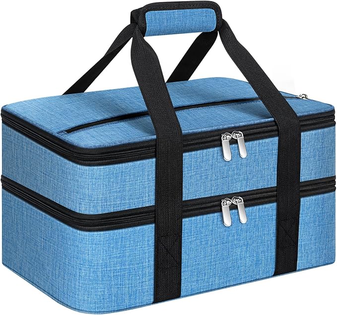 Double Insulated Casserole Carrier, Portable Casserole Carrier for Hot or Cold Food Lunch Tote Warmer or Cooler Bag, Lasagna Lunch Bag for Potluck Parties- Fits 9" x 13" Baking Dish-Azure