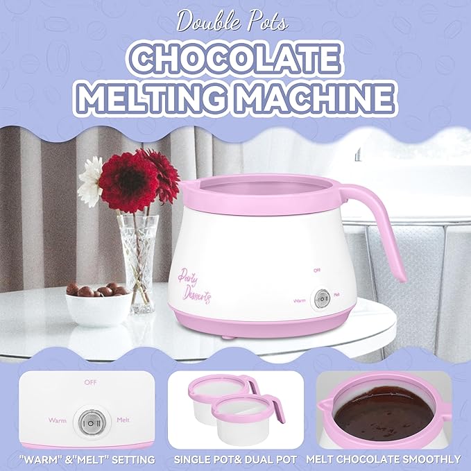 Candy and Chocolate Melting Pot with 2 Pots, Mini Electric Fondue Pot, Melts Candy Chocolate in a Couple of Minutes, Ideal for Cake Pops Cookies Cakes, 2.5 Cups, Pink