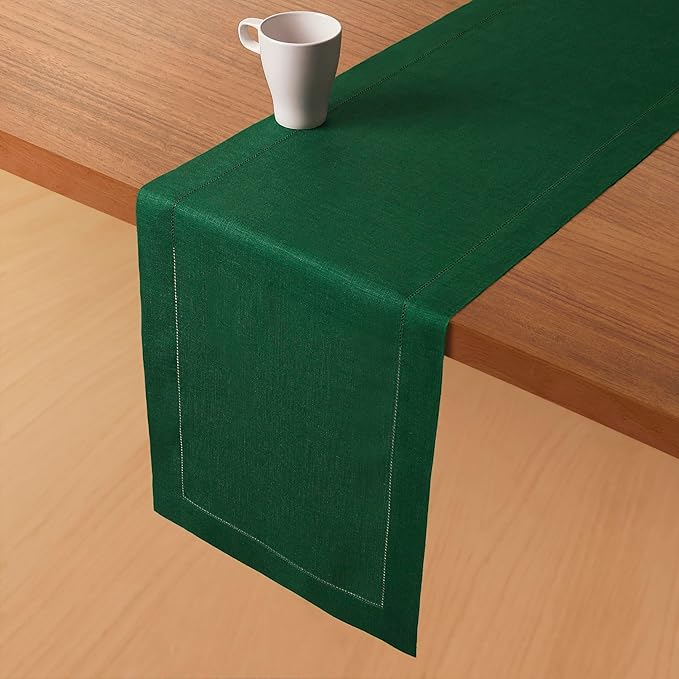 D'Moksha Homes Linen Forest Green Table Runner 72 Inches Long - 100% Pure Linen Hemstitch Table Runner 14 x 72 Inch for Dresser, Dining, Summer, Fall and Halloween - Classic Hemstitch