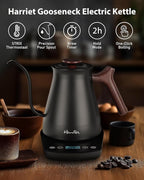 Harriet Gooseneck Electric Kettle - 1200W Fast Heat, 0.8L Stainless Steel, Precision Temp Control & Timer, Wood Handle, Pour Over Coffee and Tea, Black