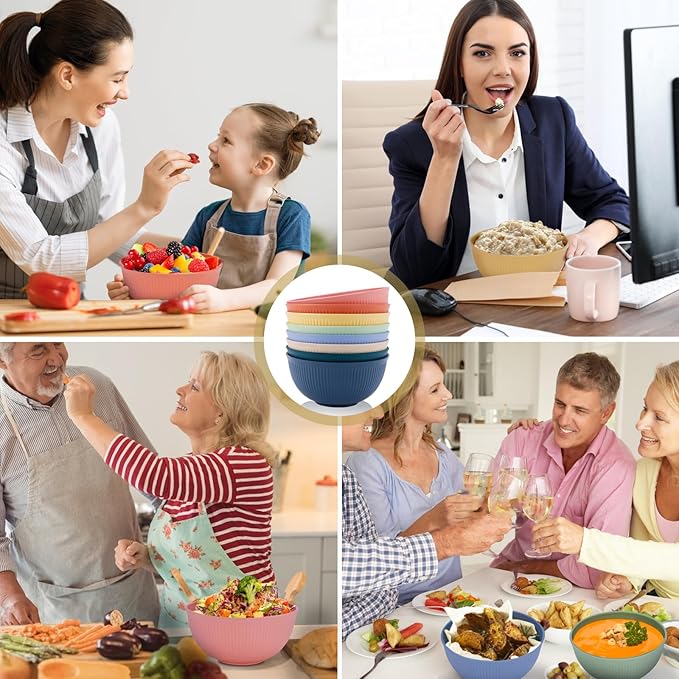 Wheat Straw Bowls, 26 Oz Unbreakable Plastic Soup Salad Cereal Bowls Sets of 8, Lightweight Reusable Microwave Dishwasher Safe BPA-Free for Kitchen Camping Ramen Snack, Multicolor