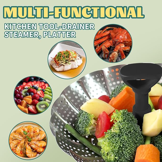 SHIKORI Steamer Basket,Stainless Steel Vegetable Steamer Basket Folding,Folding Expandable Steamers,Expandable to Fit Various Size Pot-Green 11 in