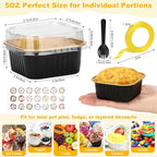 100 Pack Mini Cake Pans with Lids and Spoons, 5oz Square Aluminum Foil Loaf Pans Black Gold Small Cake Tins Disposable Baking Pans Dessert Cupcake Cups with Ribbon for Wedding Birthday Party Picnics