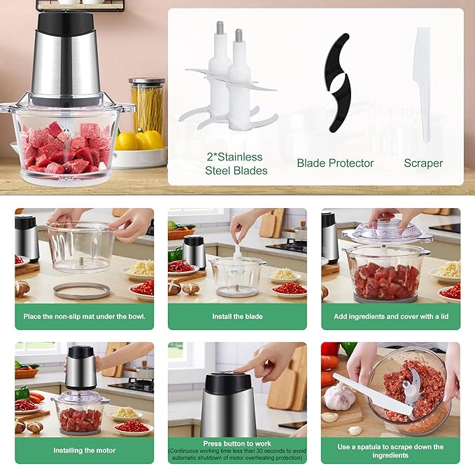 220V Food Processor & 2L Meat Grinder Chopper for for Meat, Vegetables, Fruits and Nuts,4 Bi-Level Blades, Stainless Steel (EU Plug pro)