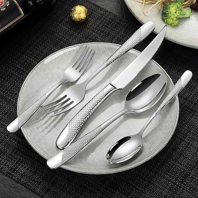 Lemeya 40-Piece Hammered Silverware Set for 8 with Serrated Forging Knives,18/10 Stainless Steel Modern Flatware Set,Unique Cutlery Set Spoons and Forks Set,Mirror Polished,Dishwasher Safe