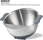 Rice Washer Strainer Bowl Quinoa Washing Bowl 18/10 Stainless Steel Colander Versatile Good Grips Side Drainers for Cleaning Rinsing Fruits, Vegetables, and Beans - Tilting Non-slip Silicone Bottom
