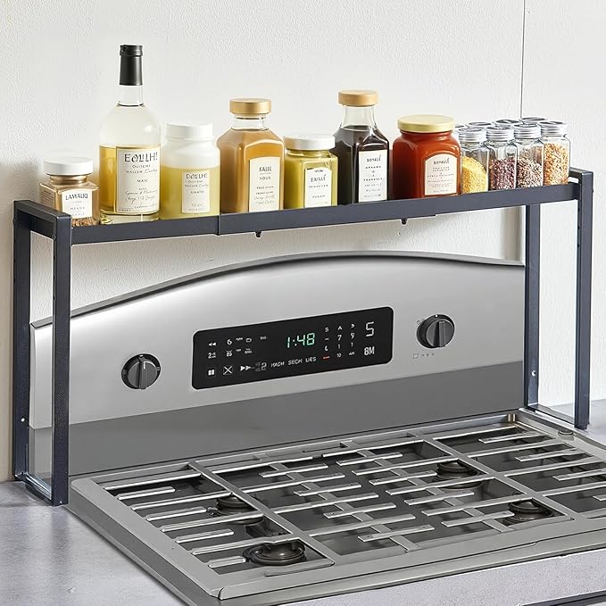 VEVOR Over the Stove Shelf, Adjustable 27-33Inch Spice Organizer, 4 Level Expandable Height Spice Rack for Kitchen Stove Top, Spice Organizer, Countertop Seasoning Organizer Storage Solution, Black