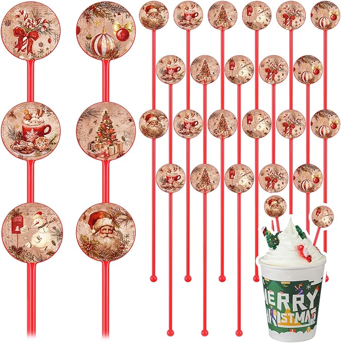 Meanplan 60pcs Christmas Swizzle Sticks Christmas Cocktail Stirrers Plastic Stir Sticks Xmas Santa Claus Snowman Decorations for Birthday Party Coffee Shop Supplies Favors Gifts(Vintage)