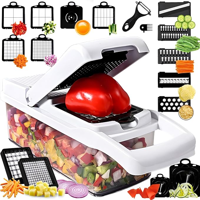 25-in-1 Vegetable Chopper with 13 Blades - Mandoline Slicer -Food Chopper w/Container - Cheese Grater - Veggie Salad Onion Chopper - Kitchen Gadget - Home Essentials - Kitchen Accessories