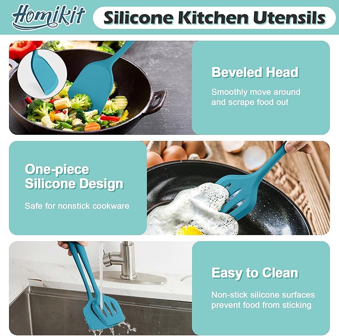 Homikit Silicone Cooking Utensils Set, 15-Piece Nonstick and Heat Resistant Kitchen Utensil Spatula Set with Holder, Kitchen Gadgets Home Essentials & Pots and Pans Accessories, Blue