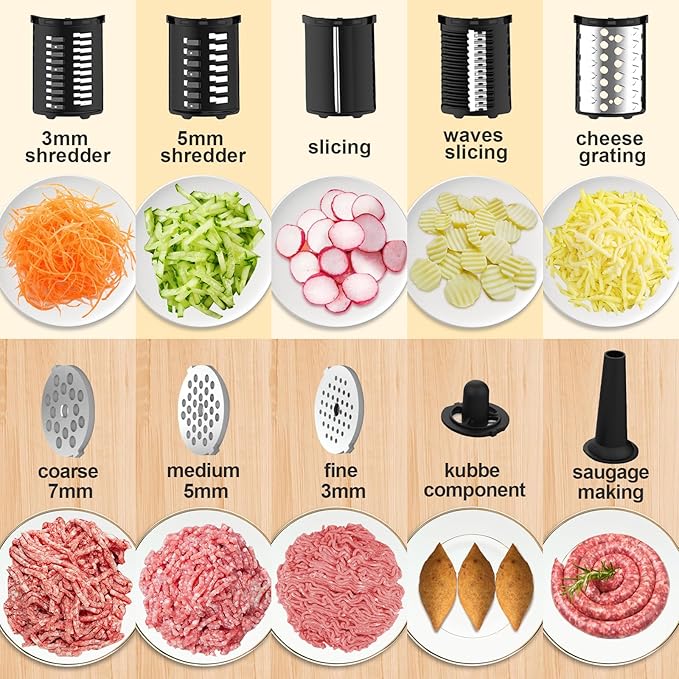 Electric Meat Grinder, Cheese Grater, 2800W Max Stainless Steel Veggie Shredder, Vegetable Cutter with 5 Slice Blades, 3 Grinding Plates, Sausage Stuffer & Kubbe Kit, for Home Kitchen Use