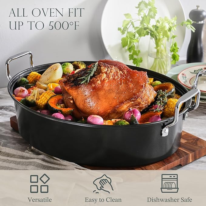 KITESSENSU Extra Large Roasting Pan with Lid - Nonstick Turkey Roaster Pan with Rack 18.5 x 14.5 Inch - Heavy Duty Covered Roasting Pot - All Ovens Fit & Dishwasher Safe, Gray