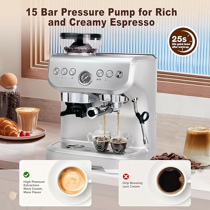 MIROX Espresso Machine 15 Bar, Coffee Maker With Milk Frother Steam Wand, Built-In Bean Grinder, Combo Cappuccino Machine with 70oz Removable Water Tank (ABS high-strength plastic shell)