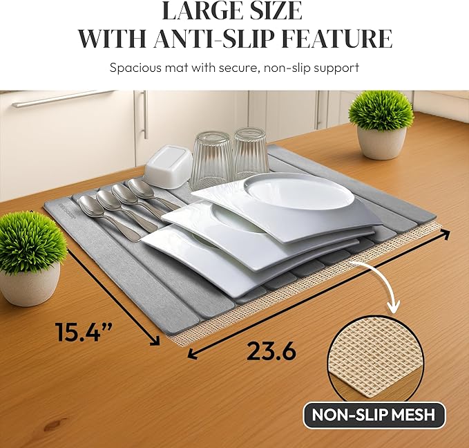 Large Stone Drying Mat for Kitchen Counter, Ultra-Absorbent & Quick Drying, Foldable Diatomaceous Earth Dish Drying Mat, Durable & Non-slip Stone Dish Drying Mat for Dishes & Utensils, 24"×16"