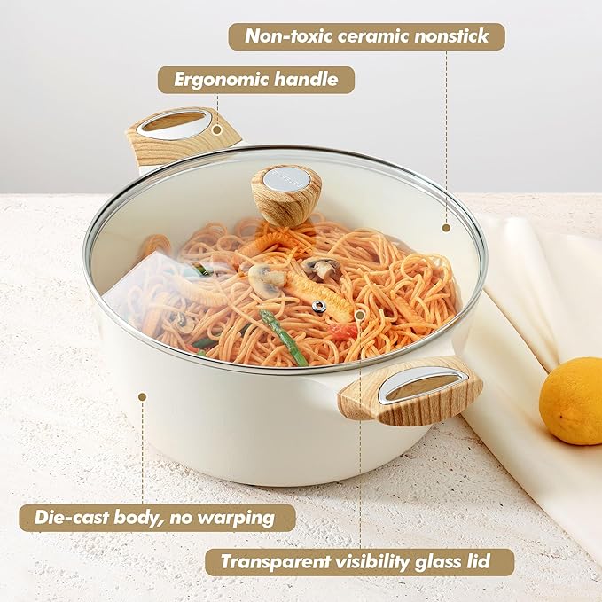 SENSARTE Ceramic Nonstick Stock Pot with Lid, 4.5+6.6 QT Soup Pot Set Casserole Pot, Non-toxic Healthy Pasta Pot, Large Cooking Pot Stew Pot, Induction Compatible, PFOA PFAS PTFE Free, White