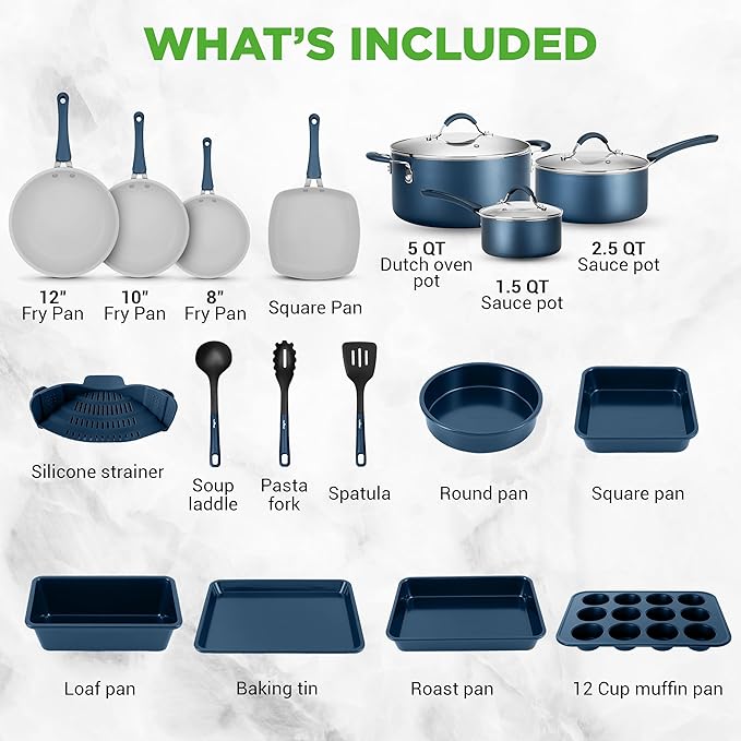 NutriChef Professional 20 Pc Kitchen Set in Navy Blue - Durable Non-Stick Pots and Pans with Bakeware, Compatible with Any Cooktop, Easy Clean