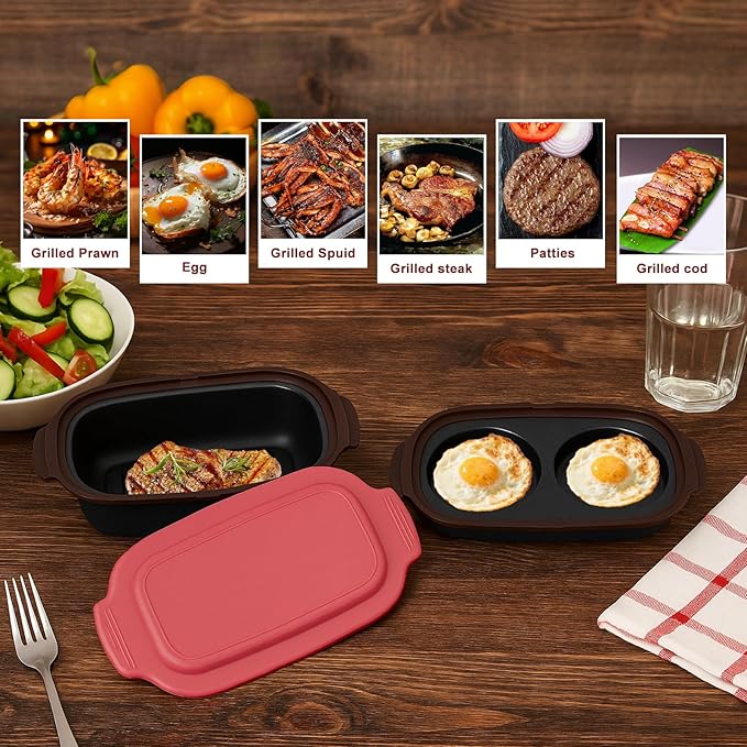 Microwave Egg Cooker with Lid, 3 In 1 Egg Fryer, Multi-Use Microwave Grill Pan, Quick Heat for Grilling and Browning Foods, Design No Electricity Dishwasher Safe for Office/Home (Red)