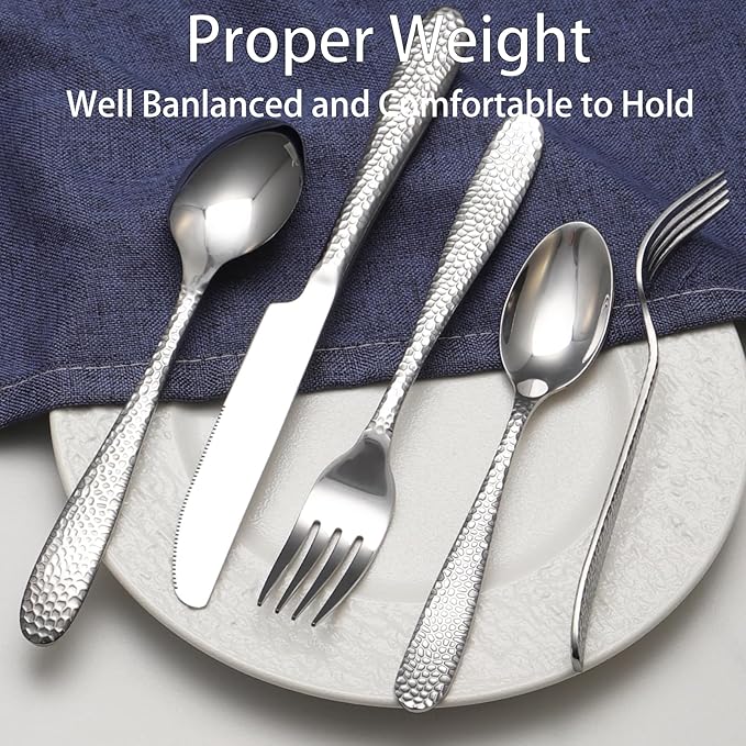 Hammered Silverware Set, 40 Piece Stainless Steel Heavy Duty Flatware Set for 8, Food-Grade Tableware Cutlery Set for Home Restaurant, Mirror Polished, Dishwasher Safe