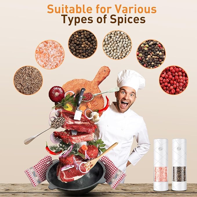 Electric Salt and Pepper Grinder Set, Rechargeable Automatic Pepper Mill Grinder with LED Light, Adjustable Coarseness shakers, One-Hand Operation for Kitchen(2 Pack, Upgrade White+White)