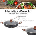 Hamilton Beach 4.5 Quart Nonstick Marble Coating Even Heating Round Beach Low Oven Pot with Glass Lid and Wooden Like Soft Touch Handle, Dutch Oven Pot, Braising, Roasting