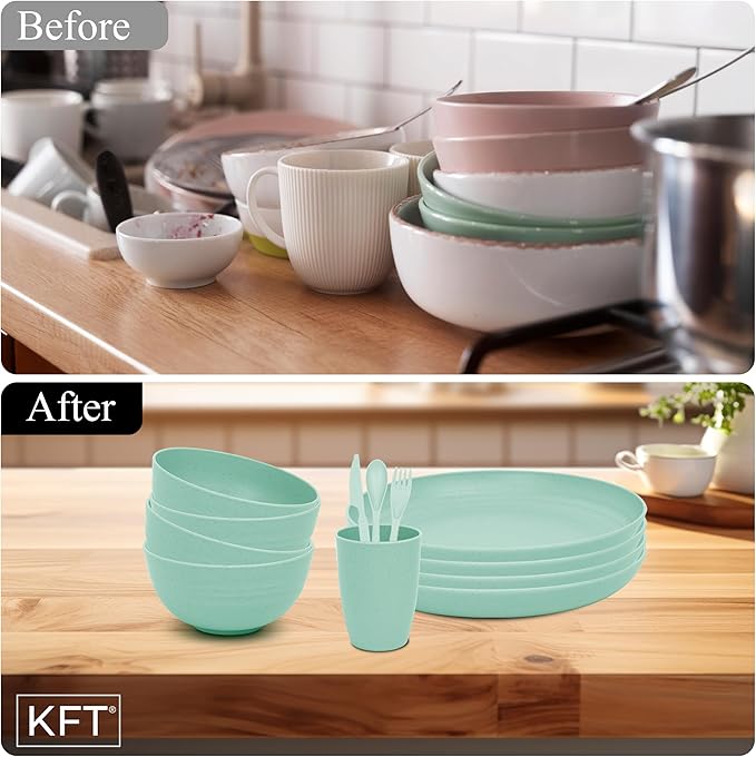 Wheat Straw Dinnerware Sets for 4 - KFT Lightweight & Unbreakable Dishes Microwave & Dishwasher Safe Perfect for Camping, Picnic, RV, Dorm Plates, Cups and Bowls (Green, 24pc)