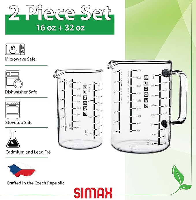 Simax Glass Measuring Cup, Durable Borosilicate Glass, Pack of 2 includes 32 oz and 16 oz Easy to Read Metric Measurements in Liter, Milliliter, Ounce, Sugar Grams, Drip Free Spout, Microwave Safe
