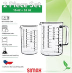 Simax Glass Measuring Cup, Durable Borosilicate Glass, Pack of 2 includes 32 oz and 16 oz Easy to Read Metric Measurements in Liter, Milliliter, Ounce, Sugar Grams, Drip Free Spout, Microwave Safe