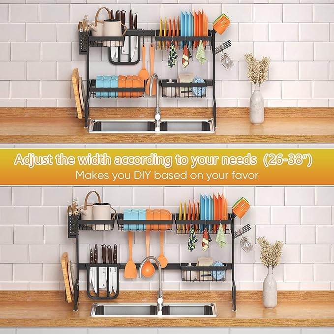 PUSDON Over Sink Dish Drying Rack Stainless Steel, Adjustable Large Dish Drainer for Storage Kitchen Organization Black 2 Tier - Standard(26"-38")