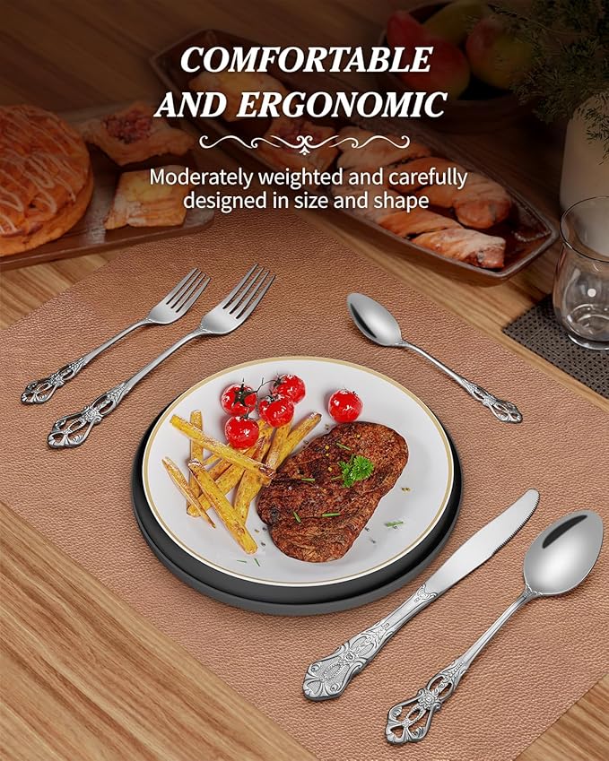 24 Pieces Silverware Set for 4, Retro Royal Flatware Set with Steak Knives, Gorgeous Stainless Steel Cutlery Utensil Set Include Forks Spoons and Knives, Mirror Finish,Dishwasher Safe