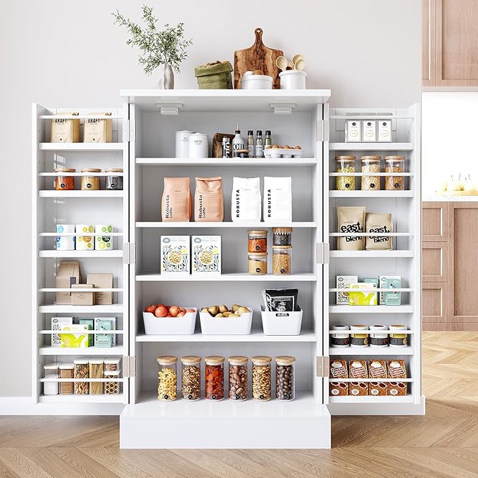 41" Pantry Cabinet with Doors and Adjustable Shelves, White Freestanding Kitchen Storage Cabinet for Snacks and Food, Small Space Pantry Closet