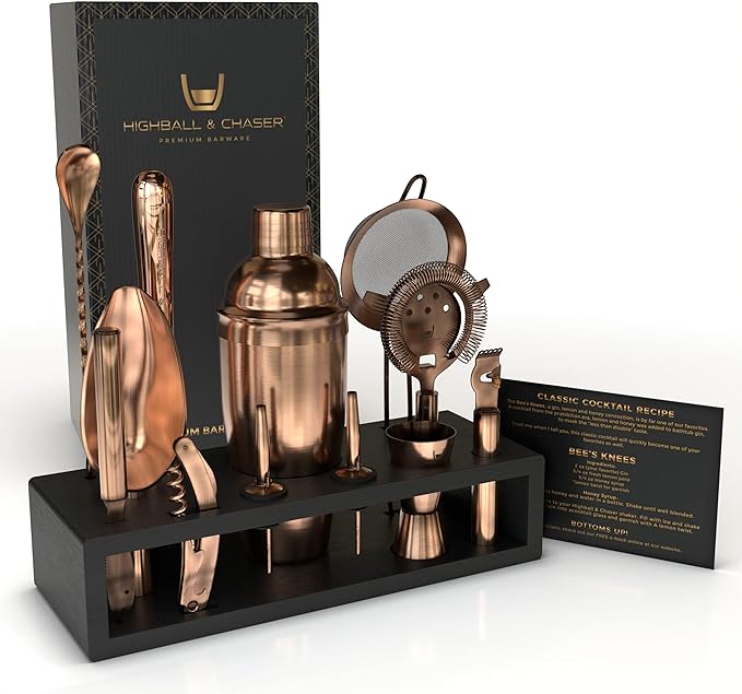 Highball & Chaser 13-Piece Cobbler Cocktail Shaker Set Matte Copper Stainless Steel Bartender Kit For Home Bar Cocktail Set Laser Engraved Cocktail Tools Plus E-Book with 30 Different Cocktail Recipes