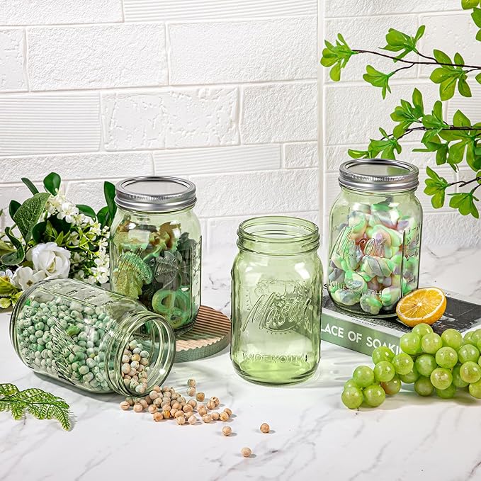 WELLIFE Mason Jars 32 oz - 6 Pack Green Large Mason Jars Wide Mouth,Glass Jar with Lid for Canning, Pickling, Food Storage, Fermenting, DIY Crafts & Decor, Reusable