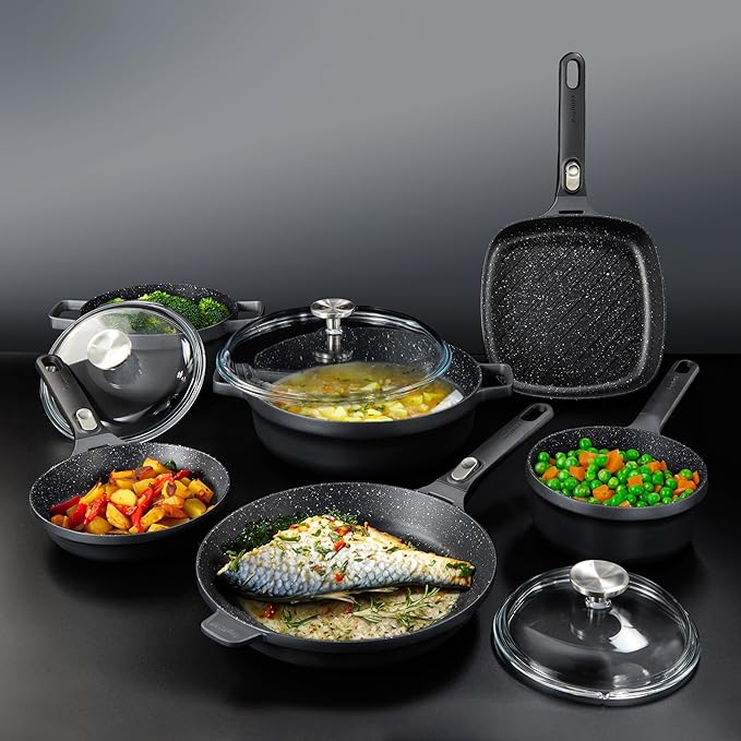 BergHOFF GEM 9Pc Non-stick Cookware Set, Best for Glass Top Cooktop and Gas Stove, Black