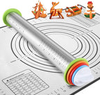 Rolling Pins, Stainless Steel Dough Roller, Rolling Pin and Silicone Baking Pastry Mat Set, Adjustable Rolling Pin with Thickness Rings for Baking Dough, Pizza, Pie, Pastries, Pasta, Cookies(Black)