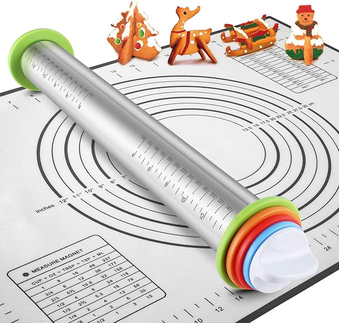 Rolling Pins, Stainless Steel Dough Roller, Rolling Pin and Silicone Baking Pastry Mat Set, Adjustable Rolling Pin with Thickness Rings for Baking Dough, Pizza, Pie, Pastries, Pasta, Cookies(Black)