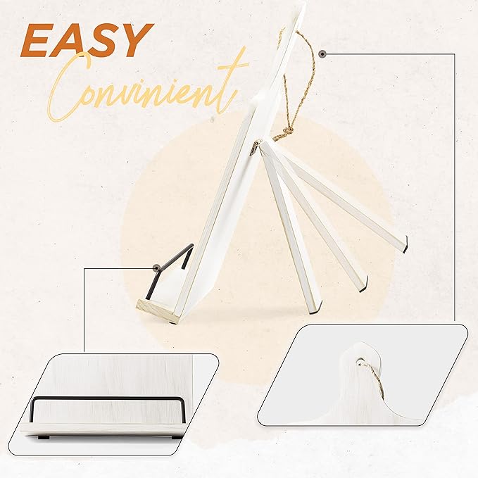 Cookbook Stand, Rustic Wood Cookbook Holder Cutting Board Style, Adjustable Recipe Ipad Tablet Book Holder and Stand for Kitchen with Anti-Slip Kickstand (White)