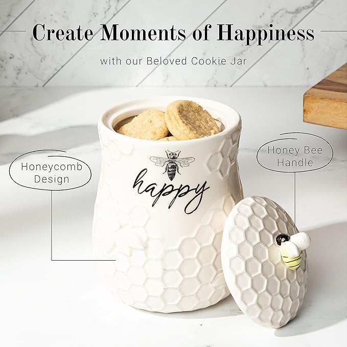 Young's Inc. Ceramic Honey Bee Cookie Jar with Lid and Handle – Honeycomb Design, 5.75" x 5.83" x 7.87", Decorative and Functional Kitchen Storage - Tea Canister