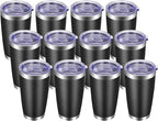 VEGOND 20oz Tumbler with Lid and Straw Stainless Steel Tumbler Cup Bulk Vacuum Insulated Double Wall Travel Coffee Mug Powder Coated Coffee Cup, Black 12 Pack