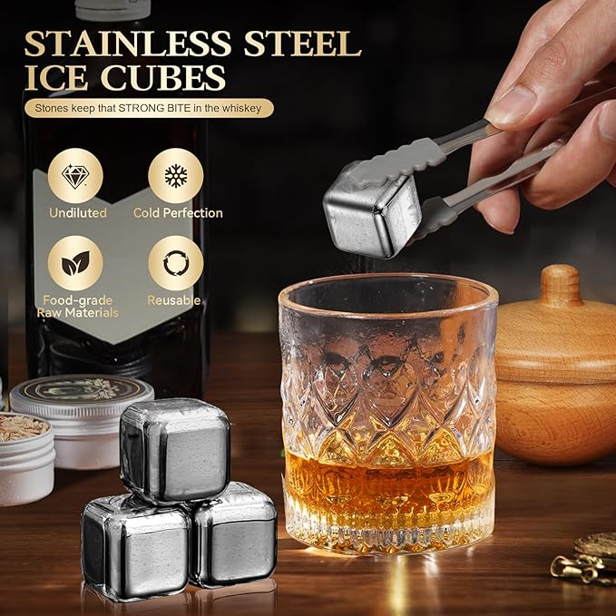 G GOOD GAIN Whiskey Smoker Kit with Torch - Old Fashioned Cocktail Smoker Infuser Kit, 6 Flavors Wood Chips, 4 Ice Stone | Birthday Bourbon Whiskey Gifts for Men, Dad, Husband (No Butane)