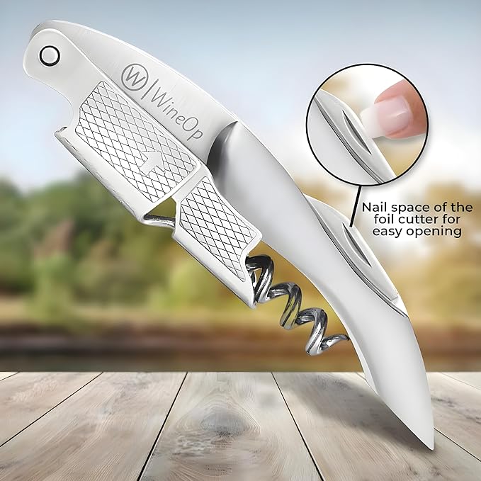 WineOp Professional Wine Opener Luxury Double Hinged Waiter's Corkscrew Wine Bottle Key - Cork screwer for Servers, Bartenders, Sommelier and Home Use | All-In-One Stainless Steel (Silver Handle)