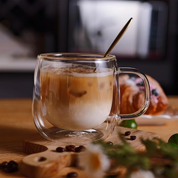 CNGLASS 12oz Double Walled Glass Coffee Mugs(2-pack),Clear Coffee Cups with Handle,Glass Espresso Mugs for Latte,Cappuccino,Tea