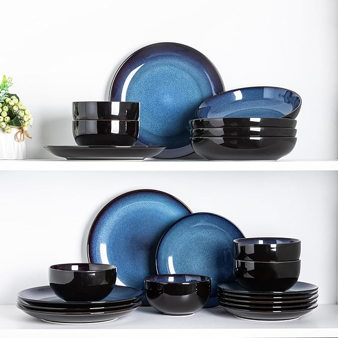 LeRatio Ceramic Dinnerware Sets for 6,Plates and Bowls Sets,Handmade Reactive Glaze Dishes Set,Chip Resistant and Scratch Resistant | Oven&Dishwasher & Microwave Safe-Blue(18PCS)