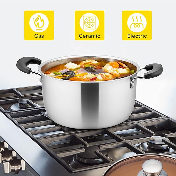 E-far 6 Quart Stock Pot, Stainless Steel Metal Soup Pot with Glass Lid for Cooking, Healthy & Rust Free, Heavy Duty & Dishwasher Safe