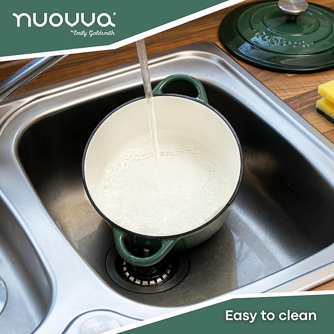 Cast Iron Dutch Oven with Lid – Non-Stick Ovenproof Enamelled Casserole Pot – Sturdy Dutch Oven Cookware – Dark Green, 5-Quart, 24cm – by Nuovva