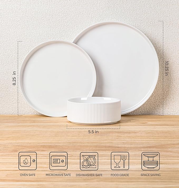 TheTerra Ceramic Dinnerware Sets for 6, 18 Pieces Porcelain Lightweight Plates and Bowls Sets, Scratch Resistant Dish Set, Oven & Microwave & Dishwasher Safe, Bright White