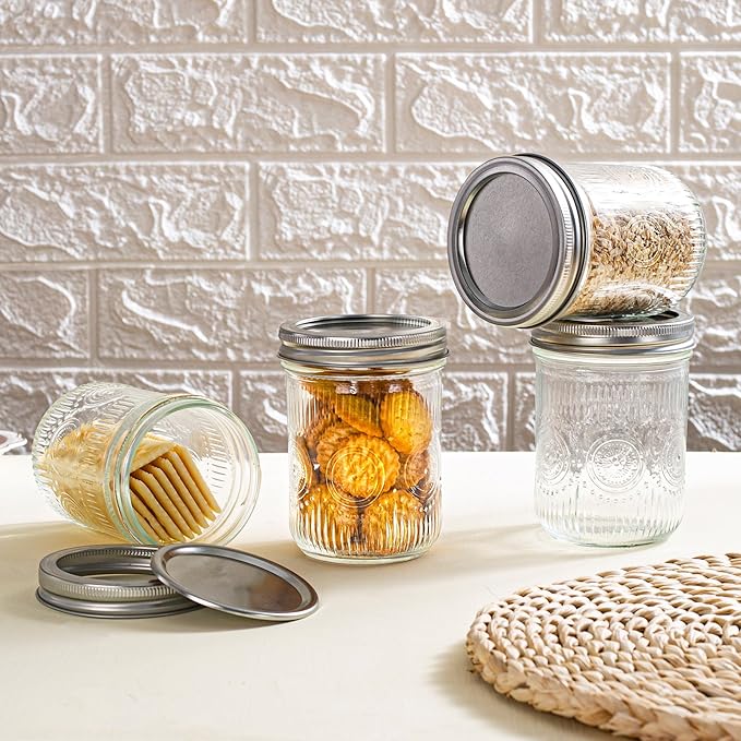 Amzcku 16oz vintage Mason Jars with Lids, Wide Mouth Canning Jar, Safe For Storage, Canning, Pickling, Preserving, Fermenting, DIY Crafts & Decor 6 Pack