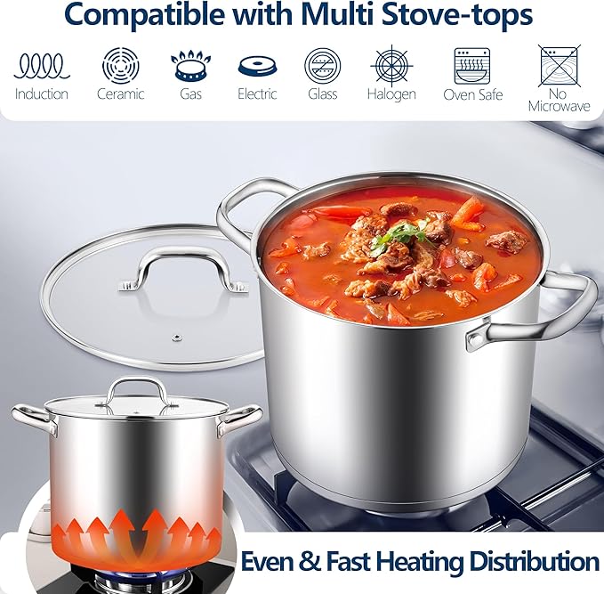 E-far 10 Quart Pot, Stainless Steel Stock Cooking Pot with Glass Lid for Soup Canning Stewing Simmering, Heavy Duty Large Cookware with Triply Base for Induction Gas Ceramic Stoves, Dishwasher Safe