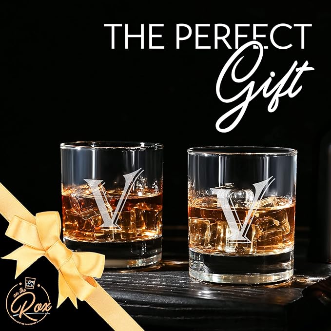 Monogrammed Gifts for Men - 4PC 11 Oz Custom Whiskey Glasses (V-Monogram) - Engraved Whiskey Glasses - Personalized Whiskey Glasses - Unique Bourbon Glasses - Personalized Glass Gifts for Dad