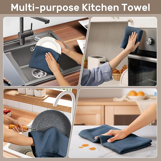 Large Kitchen Hand Towels,Cotton Waffle Weave Dish Towel for Drying, Cleaning Cloth for Kitchen Dishes - Extra Absorbent and Soft - 16 x 28 inch (Blue Gray-4 Pack)